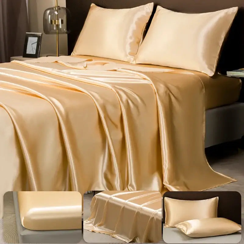 Opulent cream satin bedding set with fitted sheet for bedroom