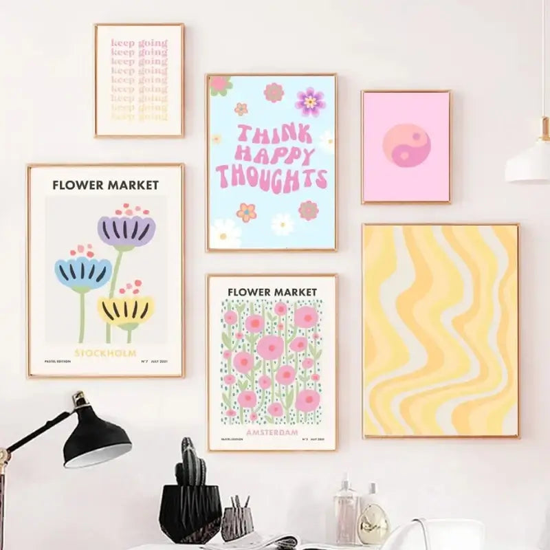 Pastel blue think happy thoughts smiley flower wall art bedroom