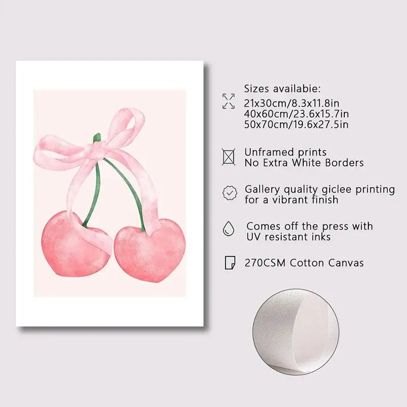 Watercolor pink bows and cherries art set bedroom wall art