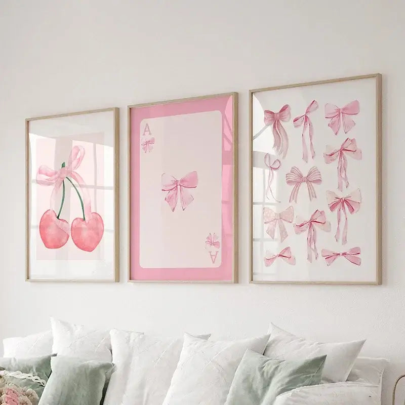 Watercolor pink bows and cherries art set bedroom wall art