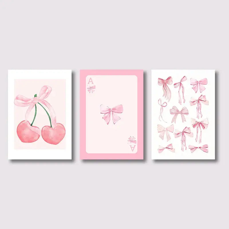 Watercolor pink bows and cherries art set bedroom wall art