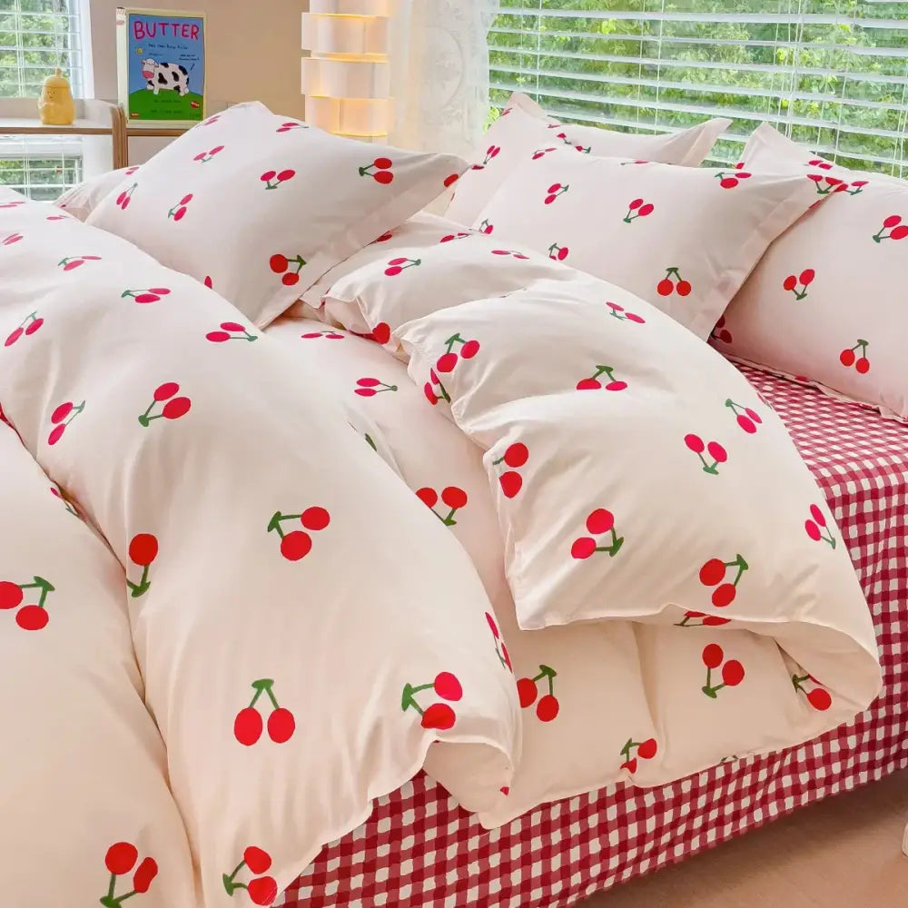 Pink & cream floral satin bedding set bedroom rose pattern