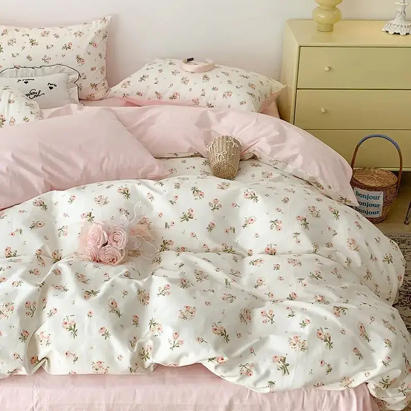 Pink & cream floral satin bedding set bedroom rose pattern