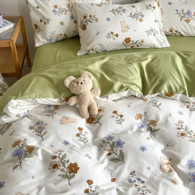 Pink & cream floral satin bedding set bedroom rose pattern