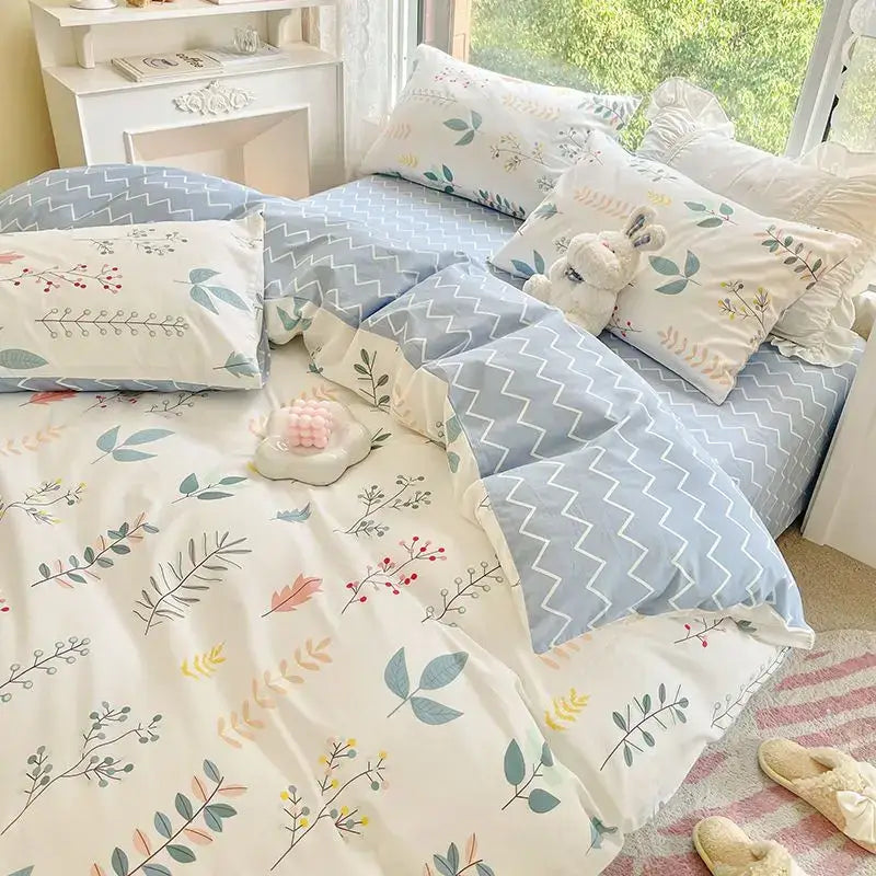 Pink & cream floral satin bedding set bedroom rose pattern