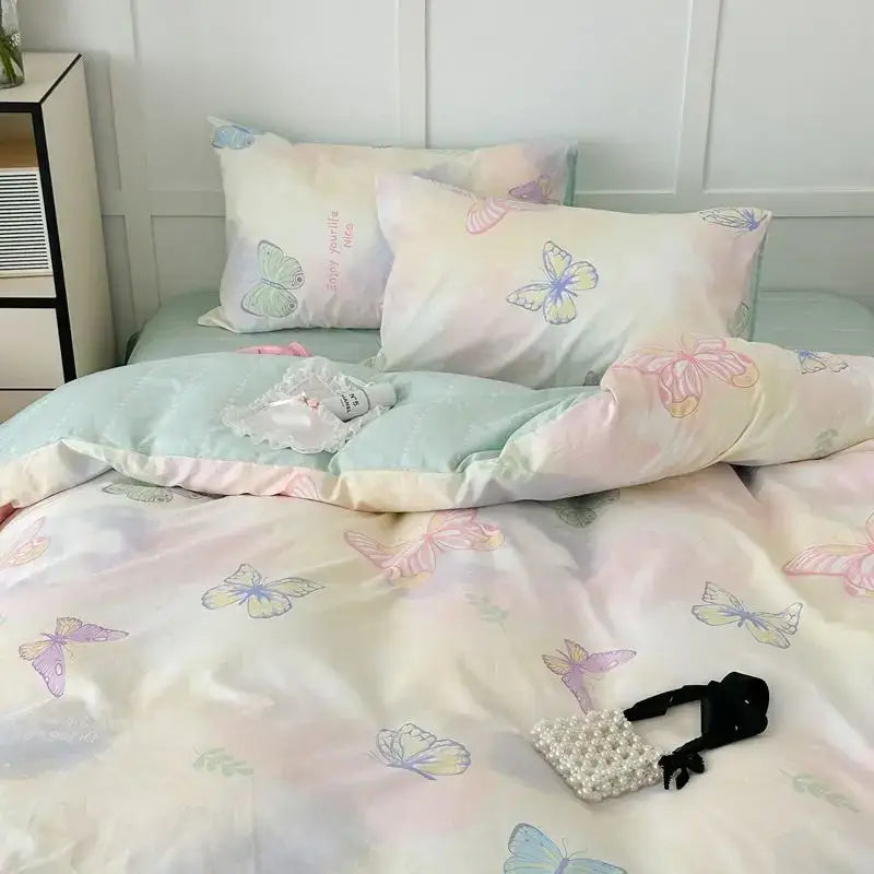 Pink & cream floral satin bedding set bedroom rose pattern