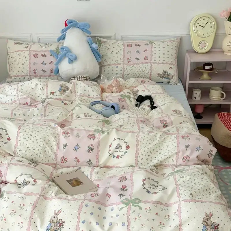 Pink & cream floral satin bedding set bedroom rose pattern