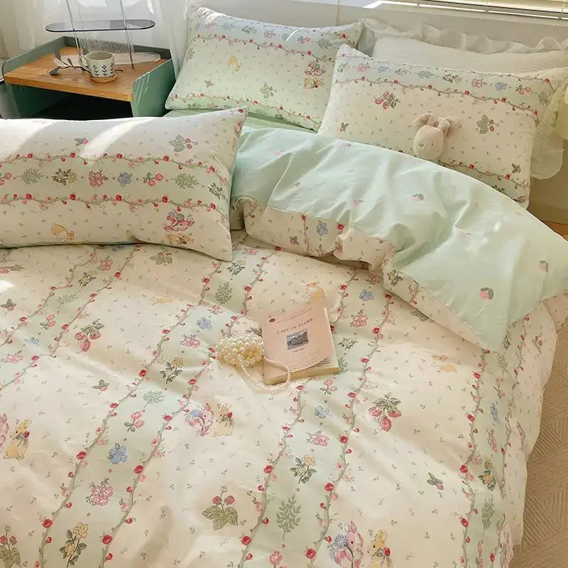 Pink & cream floral satin bedding set bedroom rose pattern