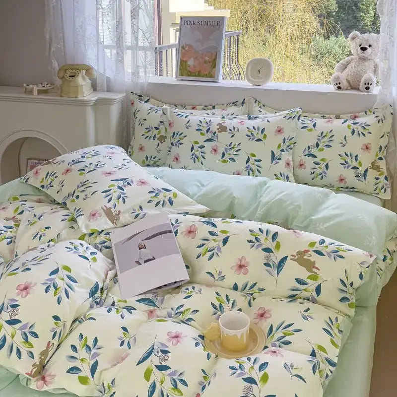 Pink & cream floral satin bedding set bedroom rose pattern
