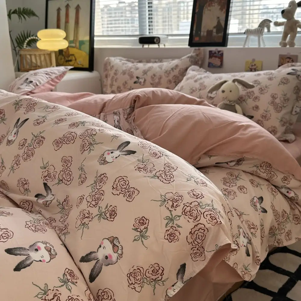 Pink & cream floral satin bedding set bedroom rose pattern