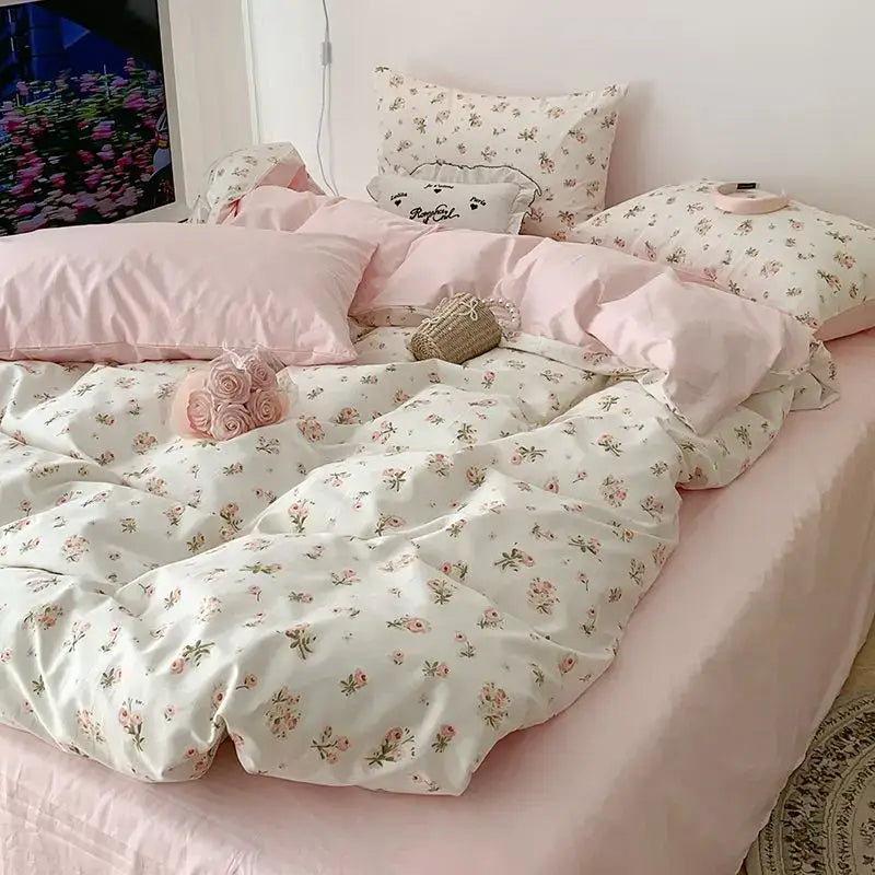 Pink & cream floral satin bedding set bedroom rose pattern