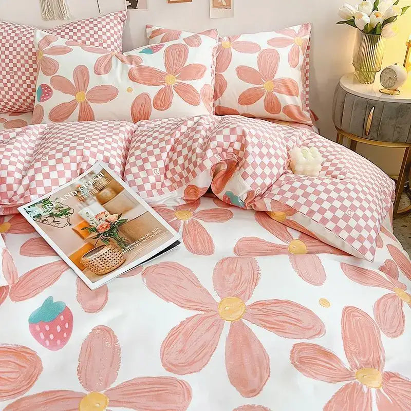 Pink & cream floral satin bedding set bedroom rose pattern