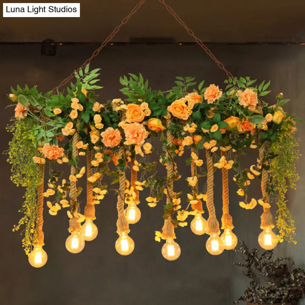 Rustic pink flower and hemp rope pendant light for dining room