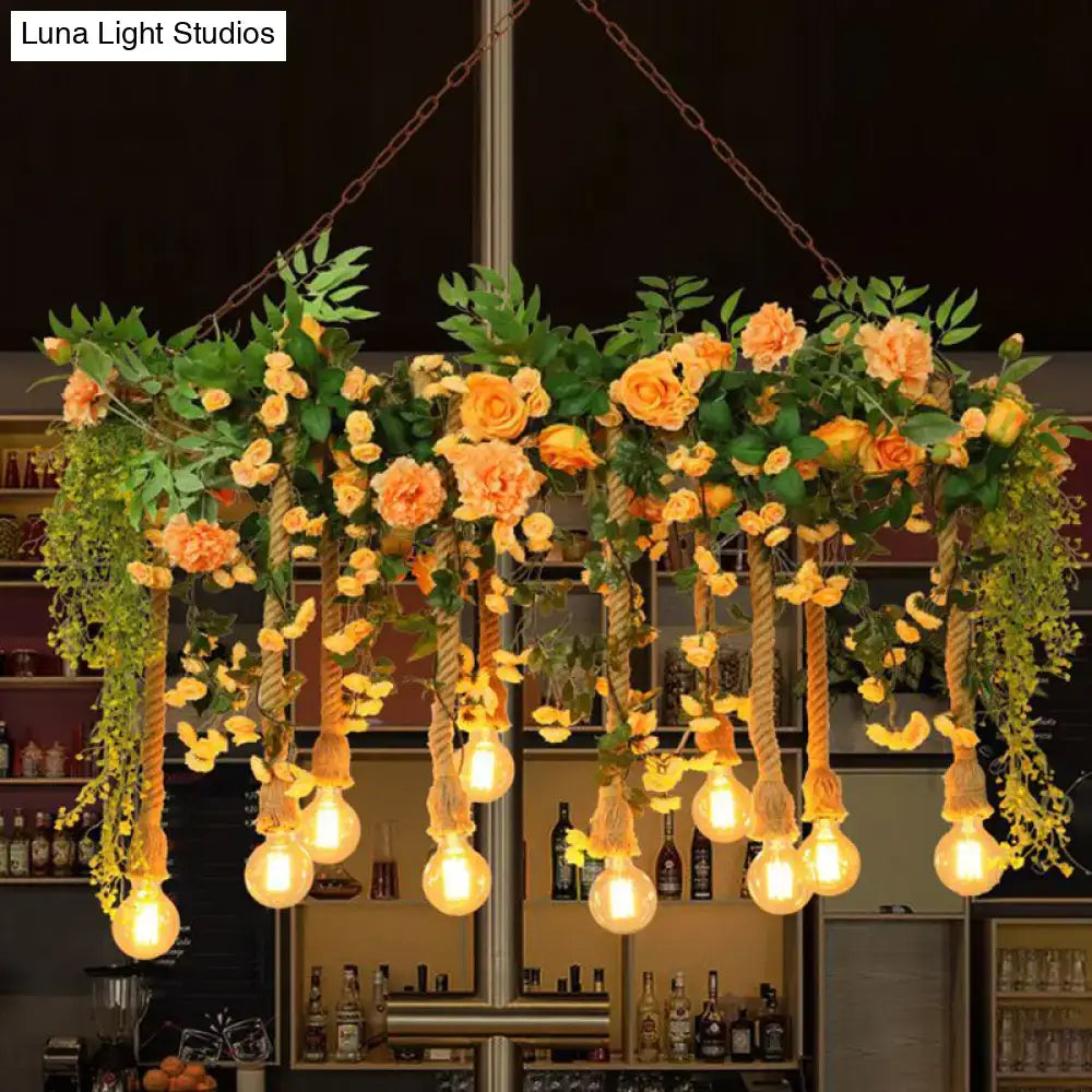 Rustic pink flower and hemp rope pendant light for dining room