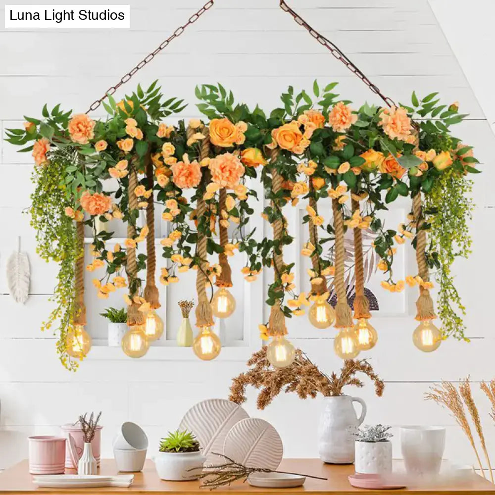 Rustic pink flower and hemp rope pendant light for dining room