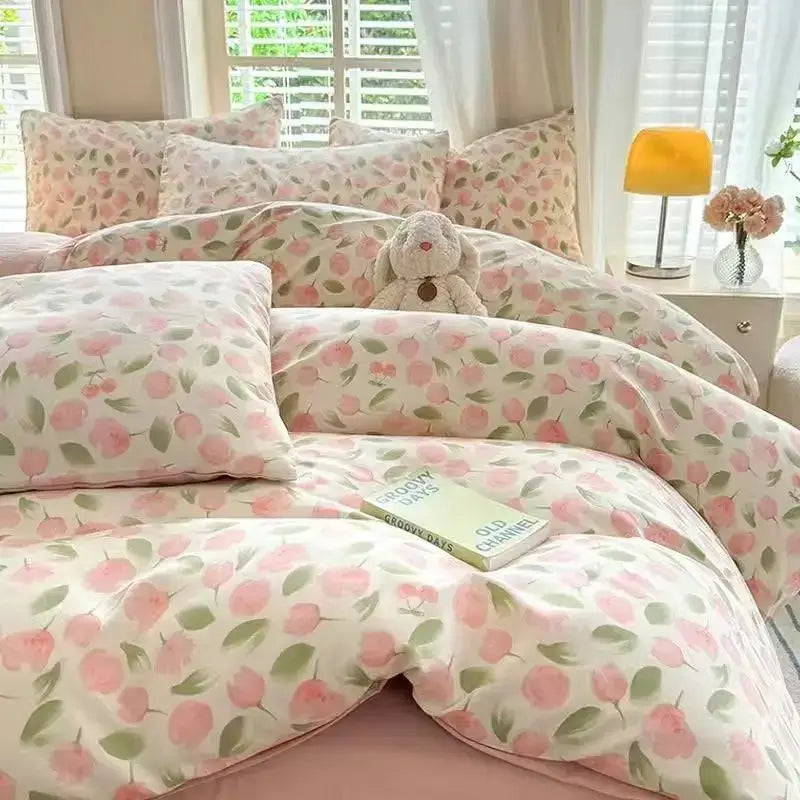 Quilted pink & white flowers duvet cover set bedroom bedding