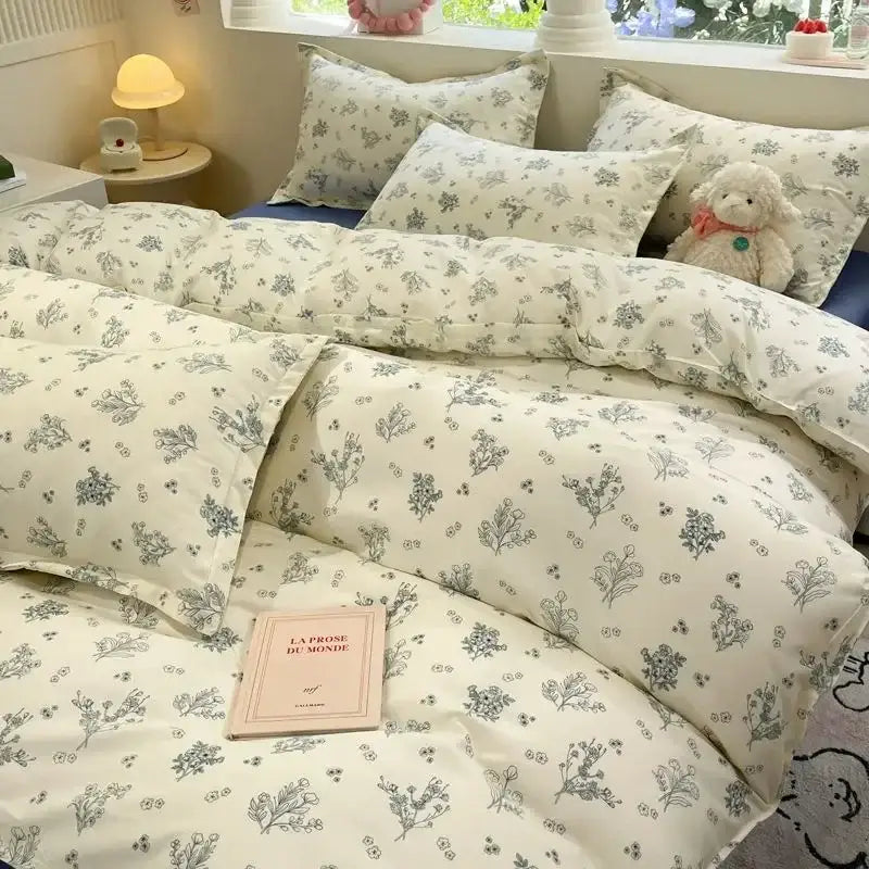 Quilted pink & white flowers duvet cover set bedroom bedding