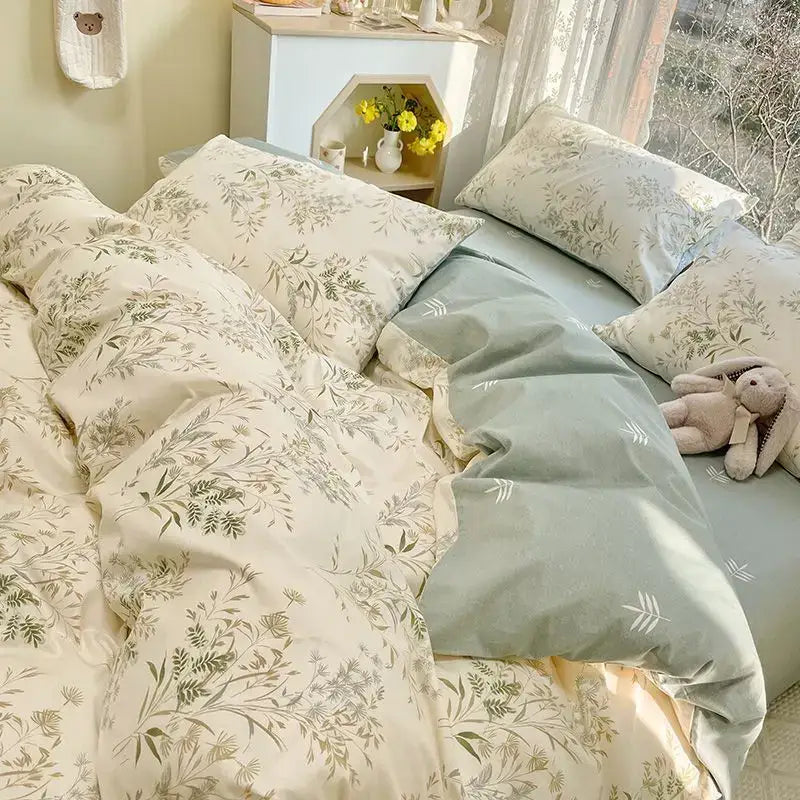 Quilted pink & white flowers duvet cover set bedroom bedding