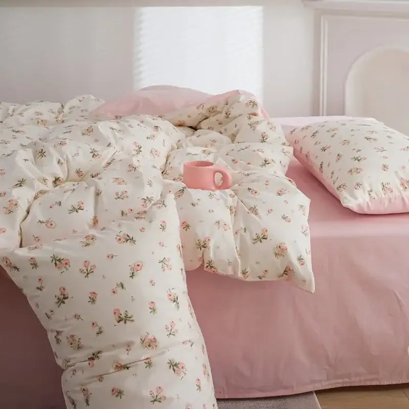 Quilted pink & white flowers duvet cover set bedroom bedding