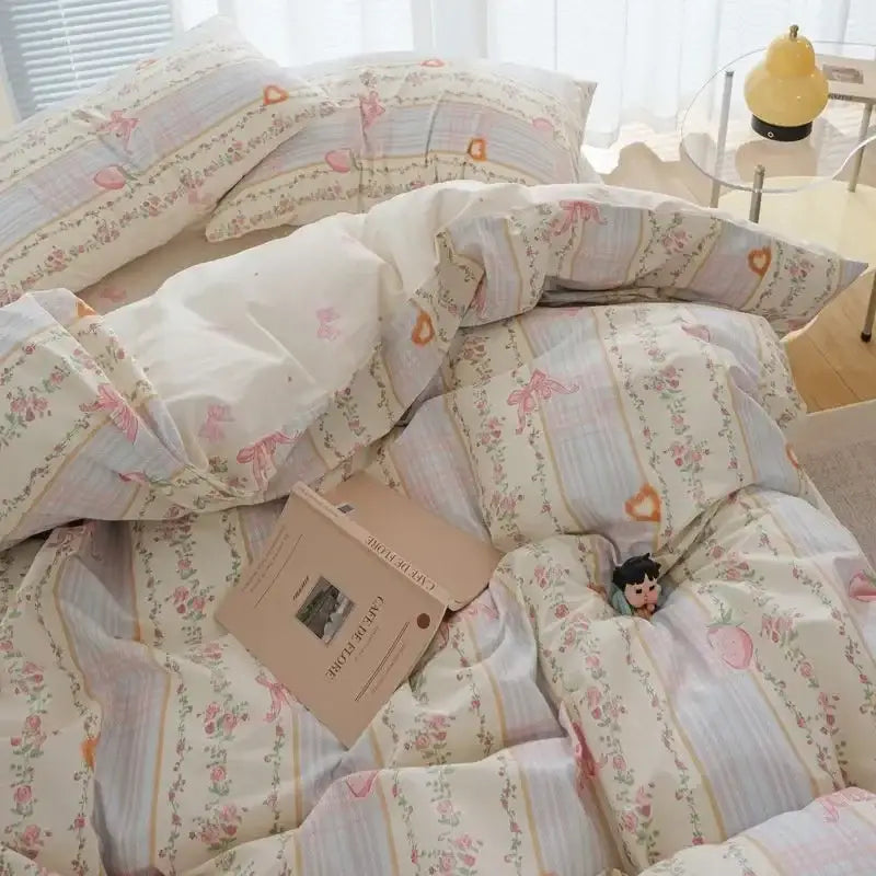 Quilted pink & white flowers duvet cover set bedroom bedding