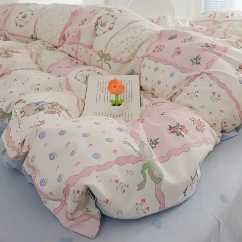Quilted pink & white flowers duvet cover set bedroom bedding