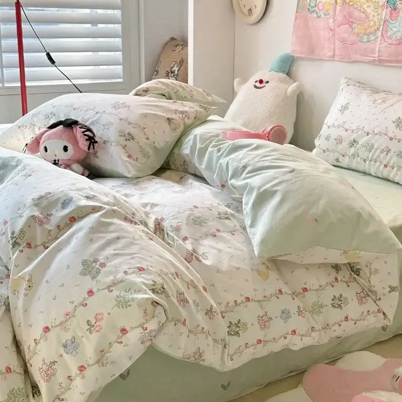 Quilted pink & white flowers duvet cover set bedroom bedding