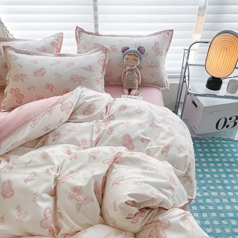 Quilted pink & white flowers duvet cover set bedroom bedding