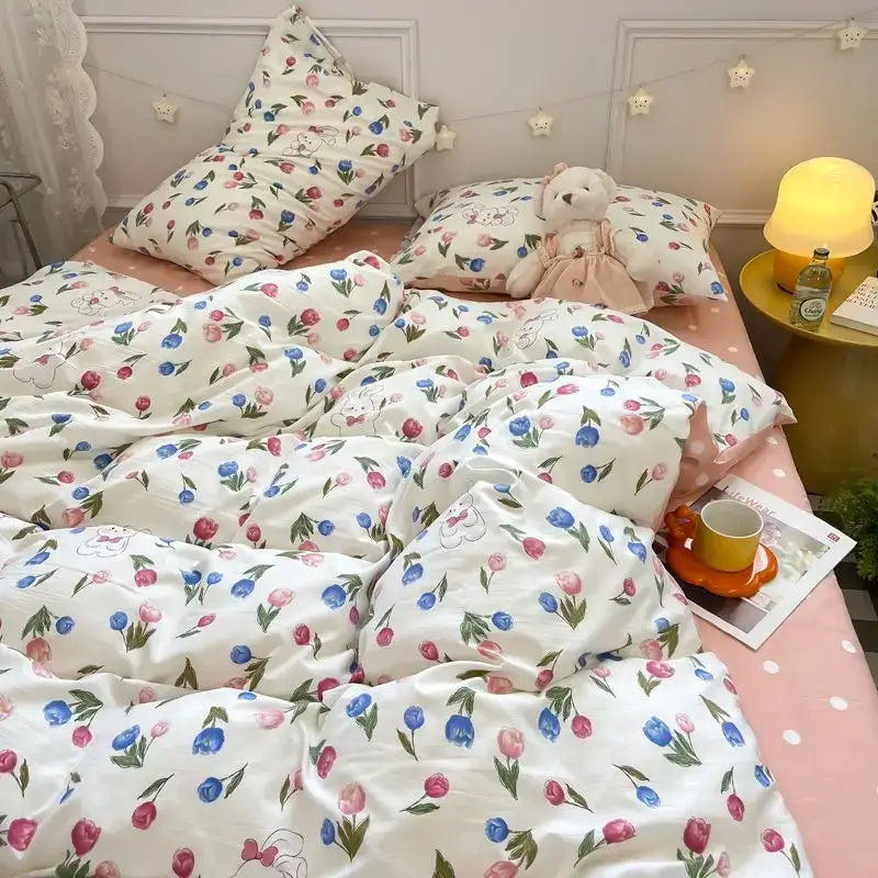 Quilted pink & white flowers duvet cover set bedroom bedding