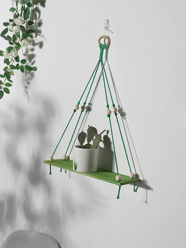 Boho pink green wooden macrame hanging shelf for kids room