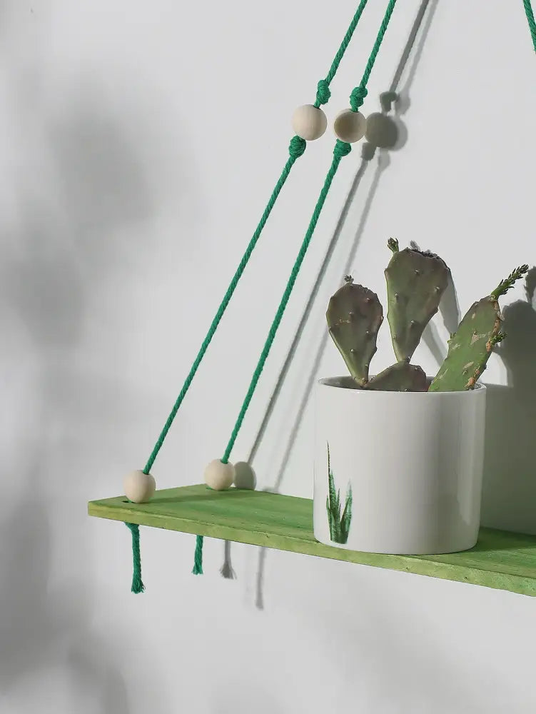 Boho pink green wooden macrame hanging shelf for kids room