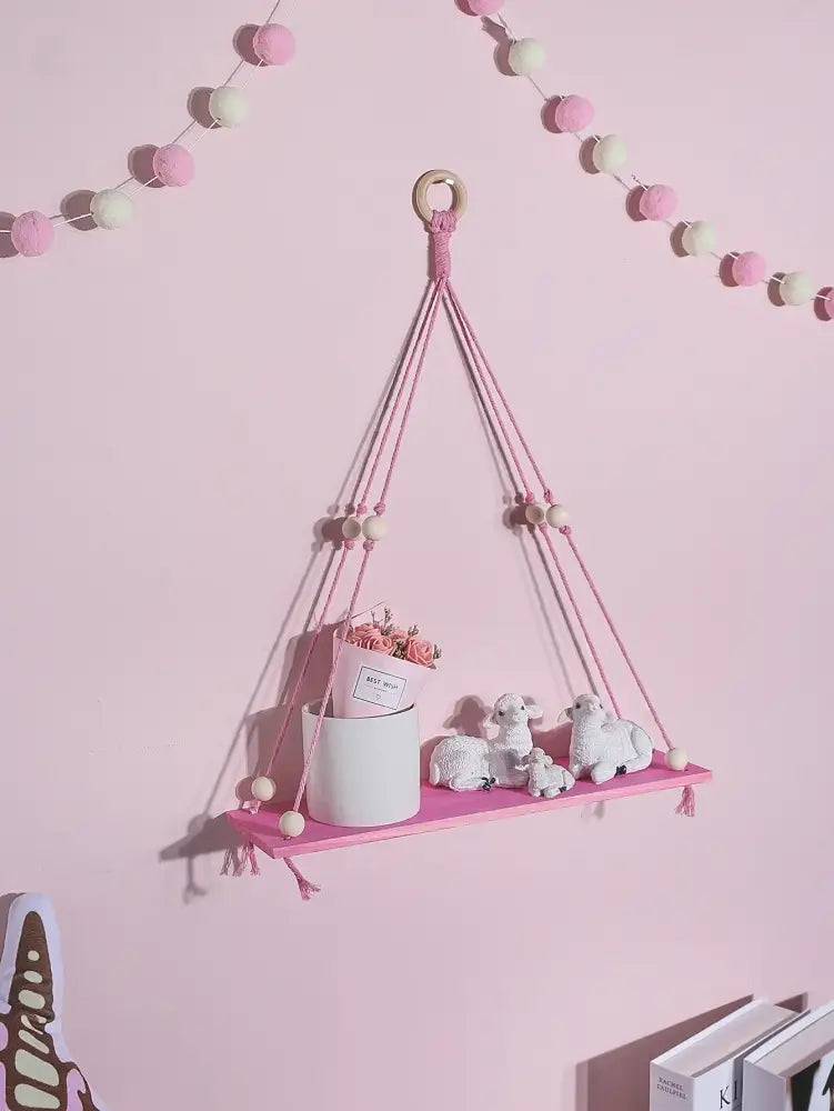 Boho pink green wooden macrame hanging shelf for kids room