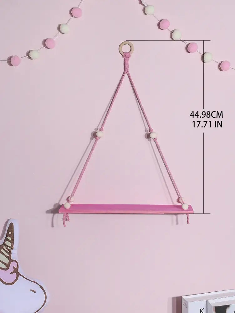 Boho pink green wooden macrame hanging shelf for kids room