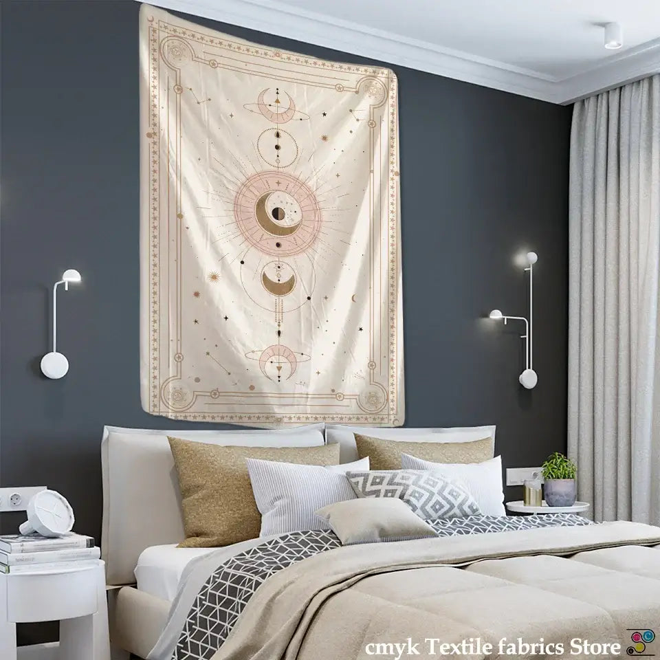 Pink planet tarot celestial tapestry cream and gold bedroom wall art