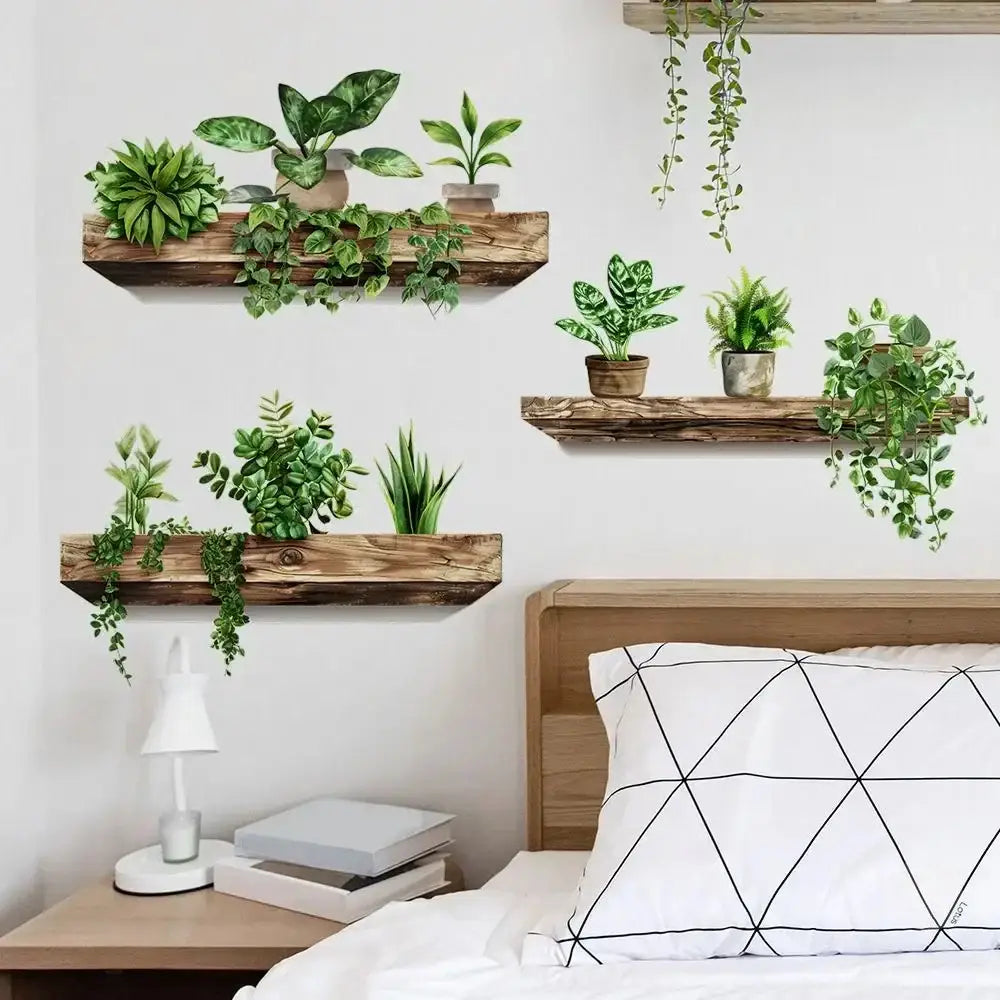 Rustic wooden shelf potted plant wall decals living room decoration