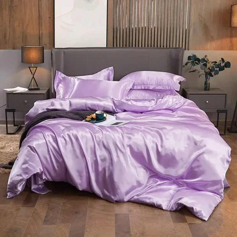 Glossy lavender satin bed sheet set with duvet cover – bedroom