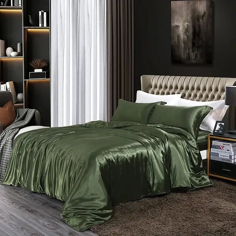 Glossy lavender satin bed sheet set with duvet cover – bedroom