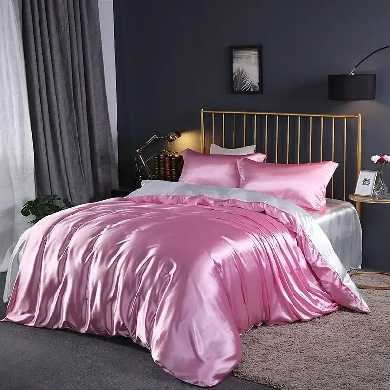 Glossy lavender satin bed sheet set with duvet cover – bedroom