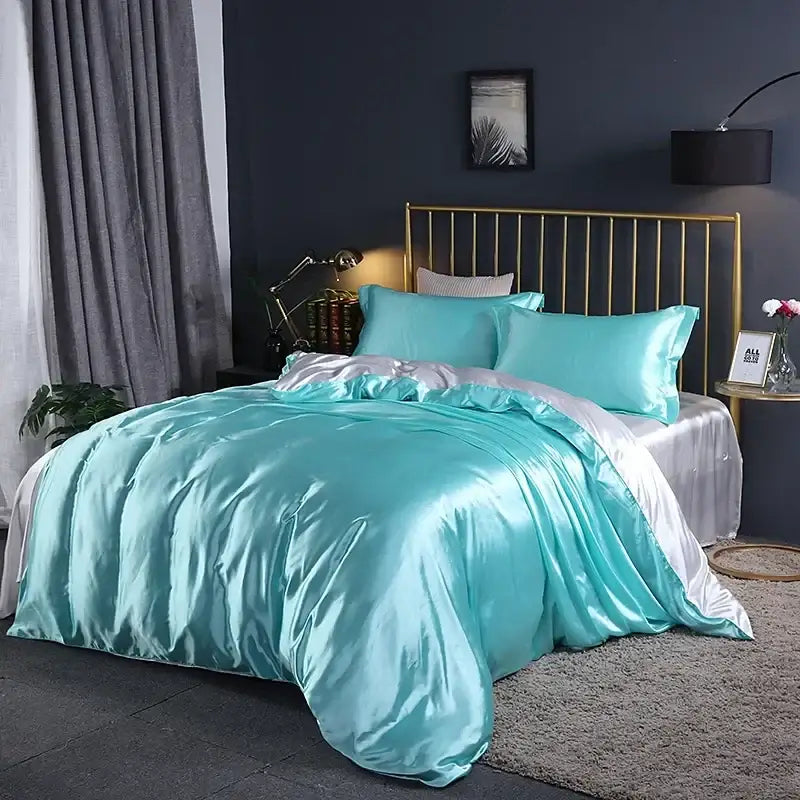 Glossy lavender satin bed sheet set with duvet cover – bedroom
