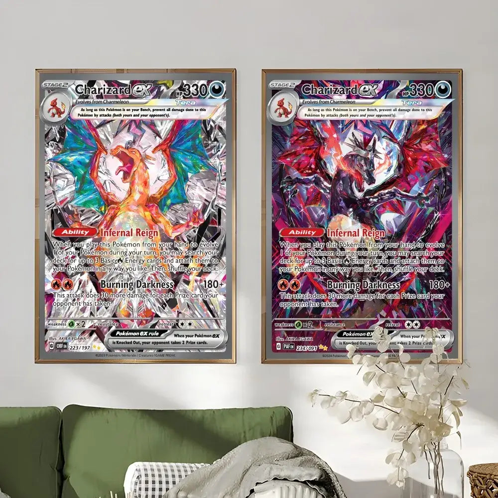 Framed japanese anime charizard metallic foil art for bedroom wall