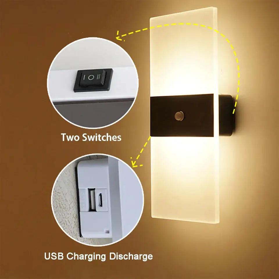 Modern black rechargeable wall light bedroom frosted glass sconce