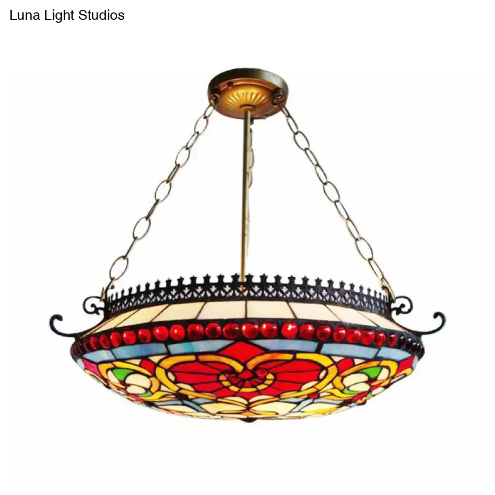 Victorian bowl chandelier with red floral stained glass living room