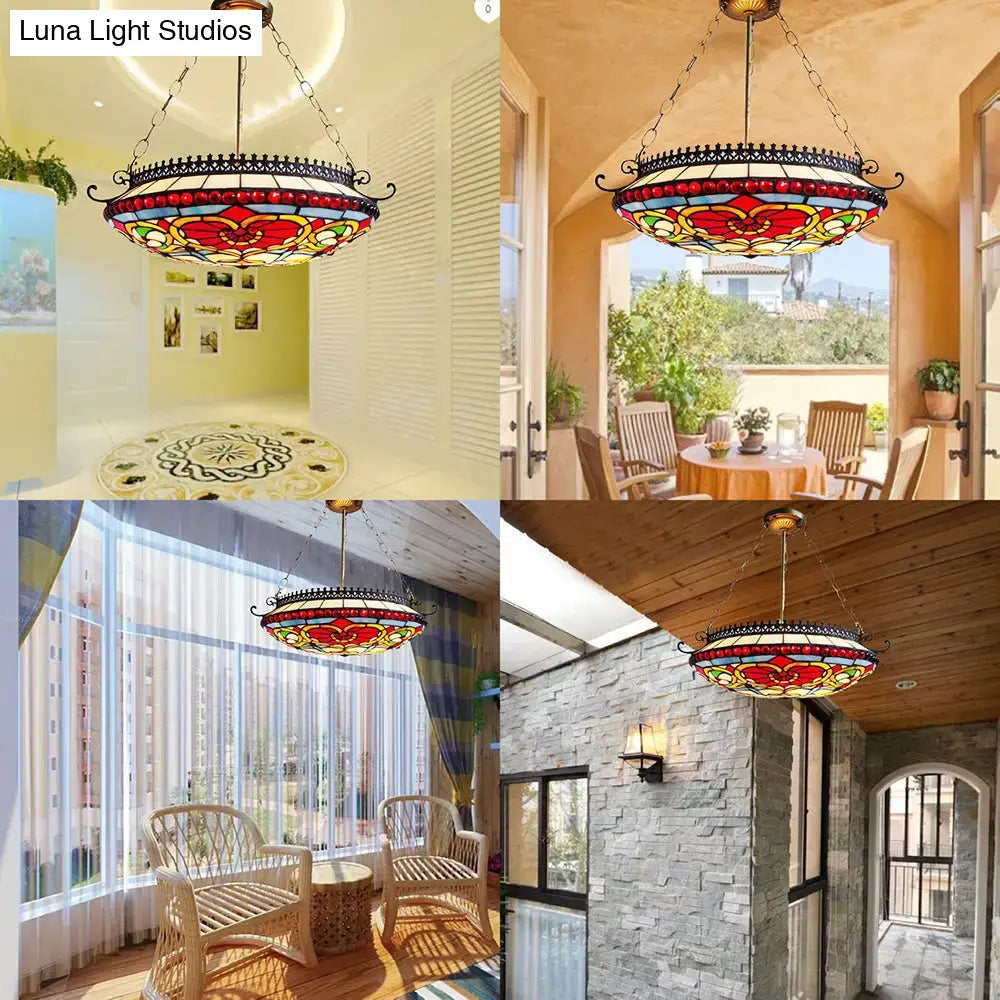 Victorian bowl chandelier with red floral stained glass living room