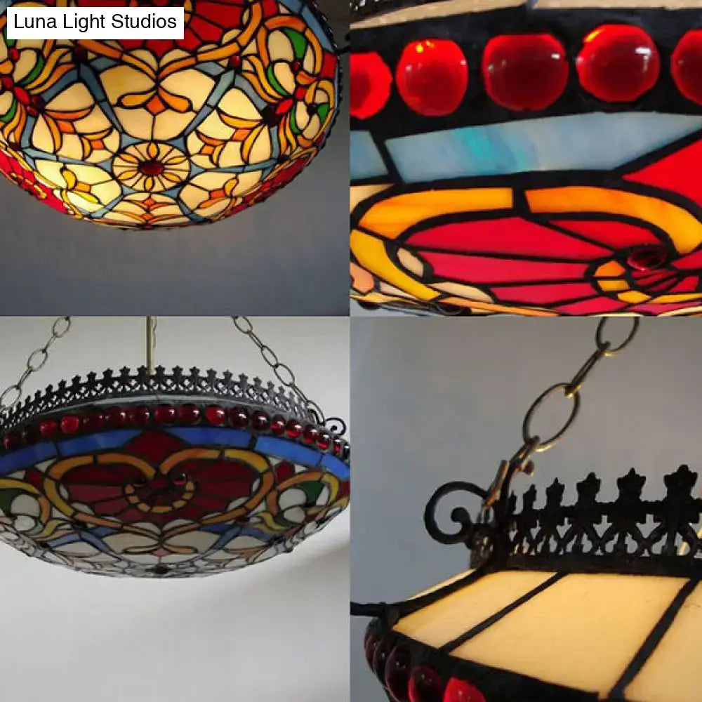 Victorian bowl chandelier with red floral stained glass living room
