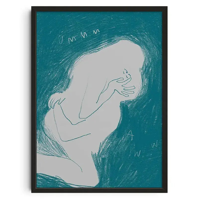 Retro blue and cream abstract canvas print living room wall art