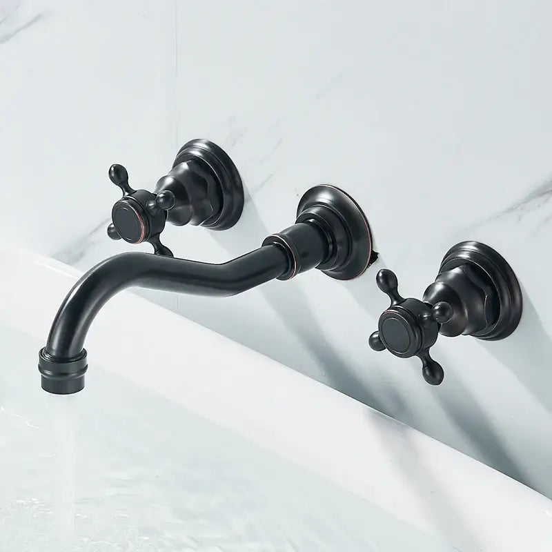 Retro antique brass wall mounted bathroom faucet with dual handles