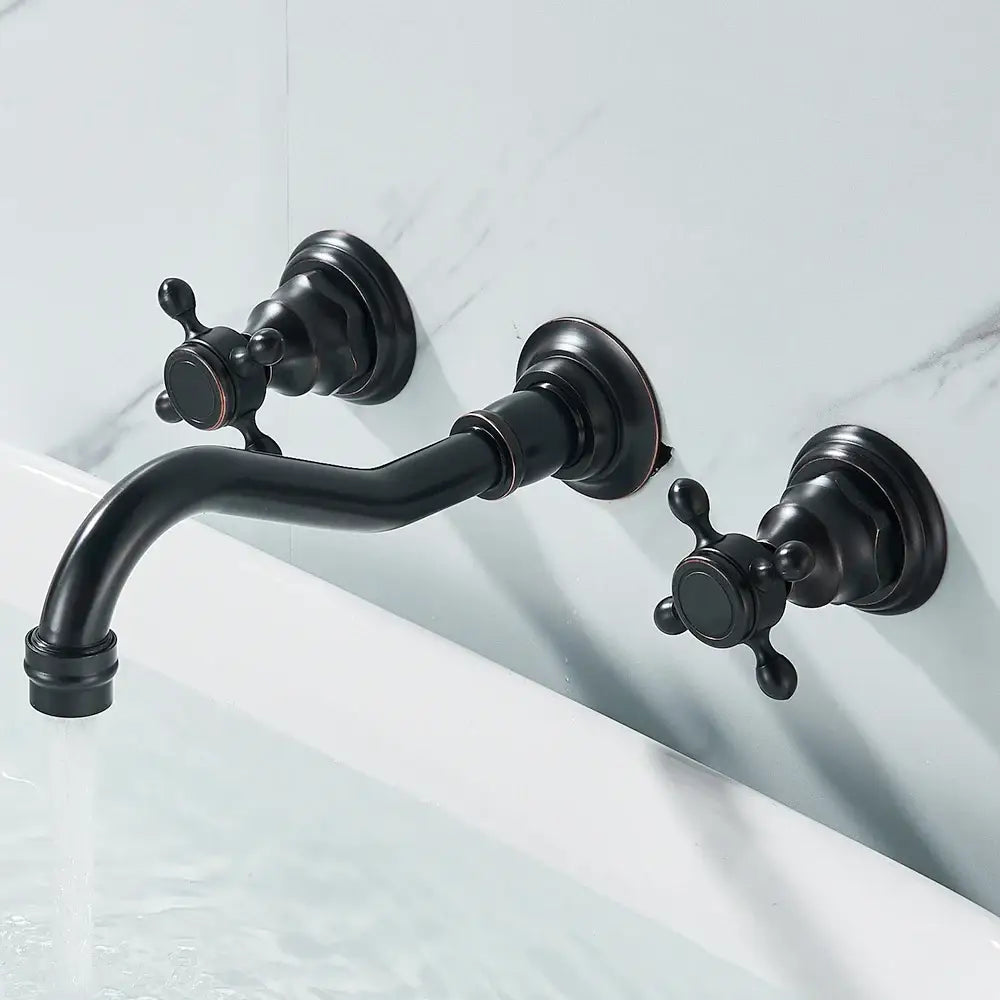 Retro antique brass wall mounted bathroom faucet with dual handles