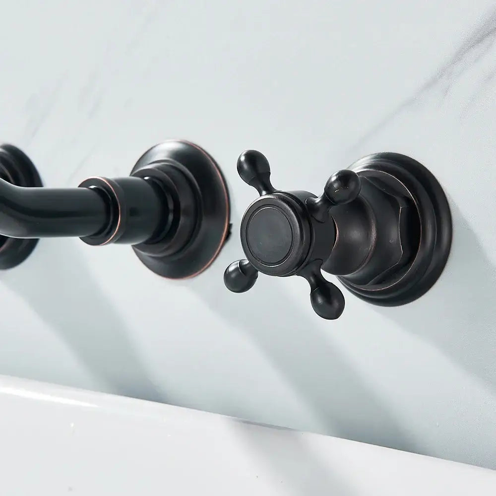 Retro antique brass wall mounted bathroom faucet with dual handles