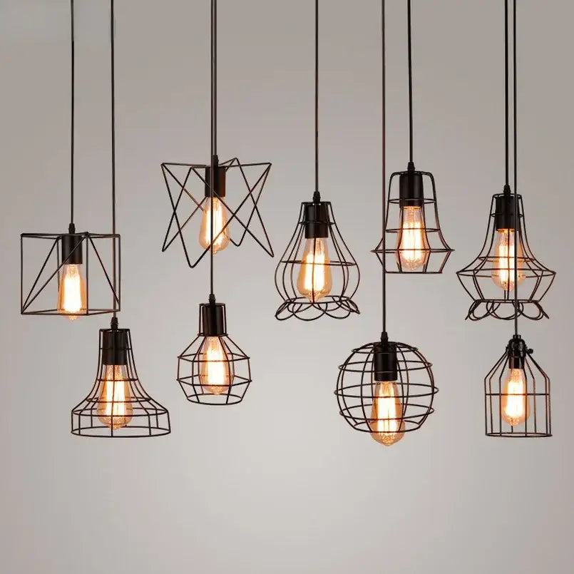 Retro iron art black cage pendant light dining room amber bulb