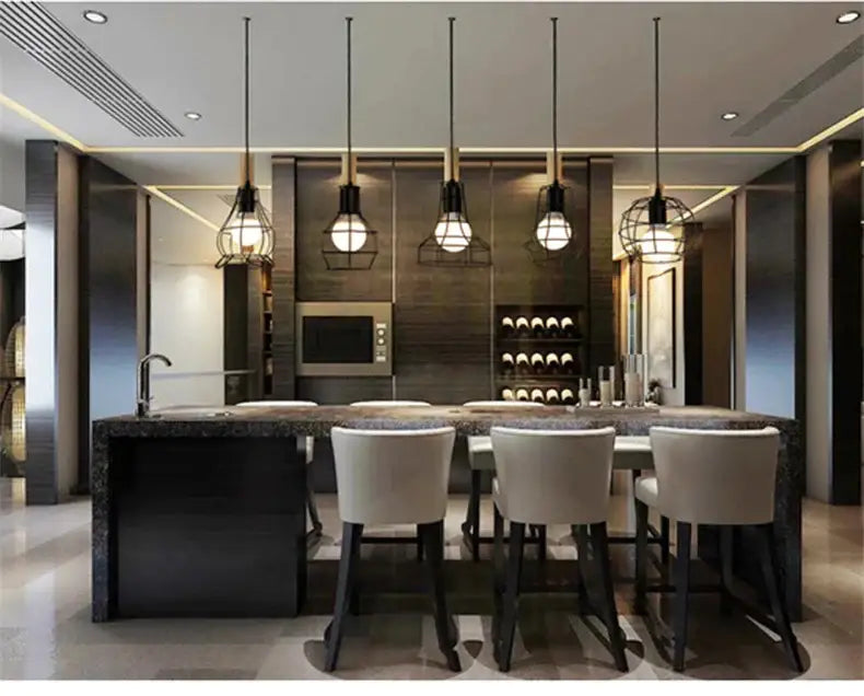 Retro iron art black cage pendant light dining room amber bulb