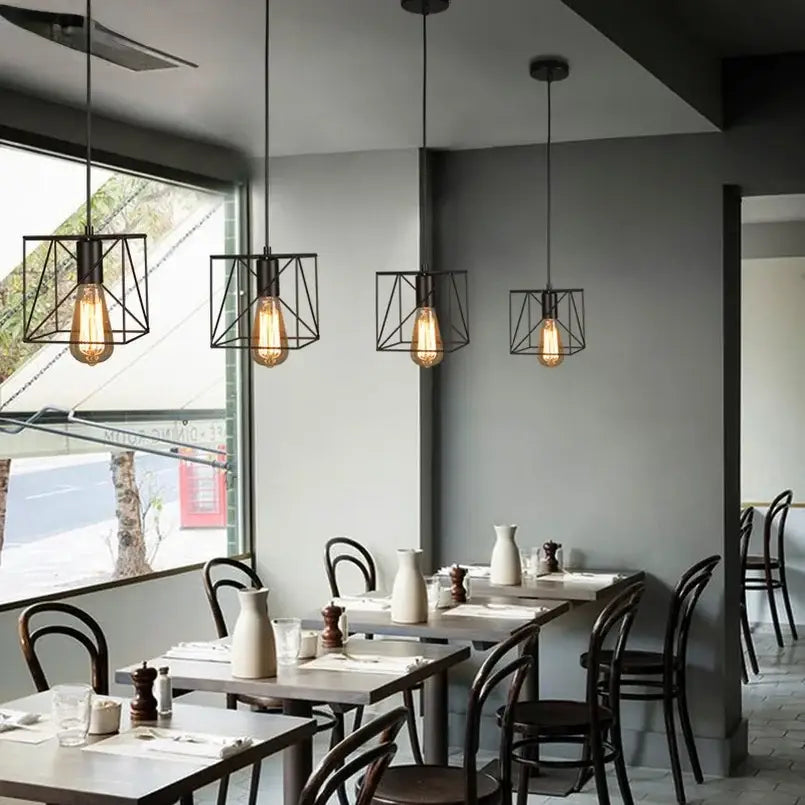 Retro iron art black cage pendant light dining room amber bulb